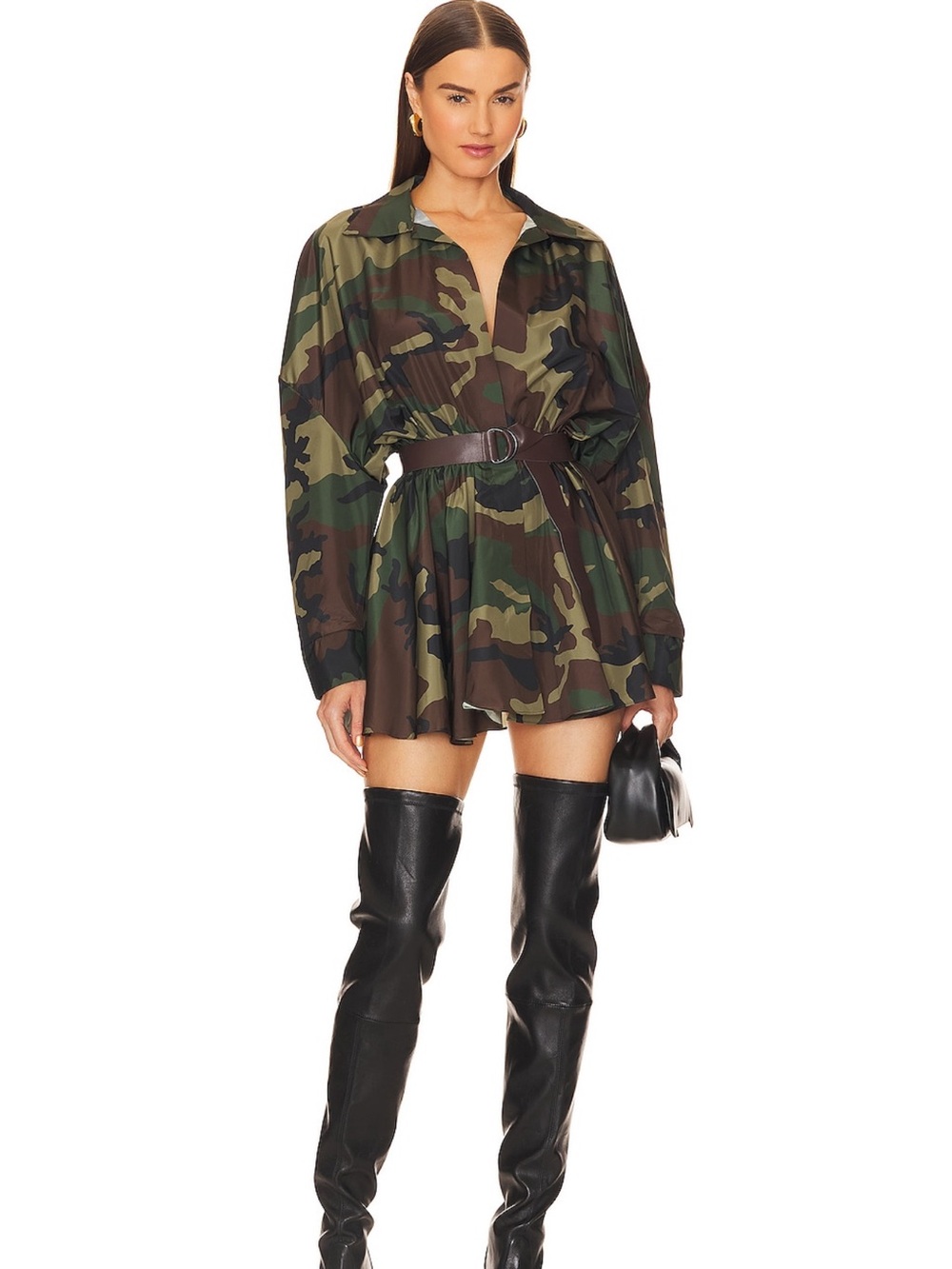 Norma Kamali Camouflage Shirt Dress in Green and Brown
